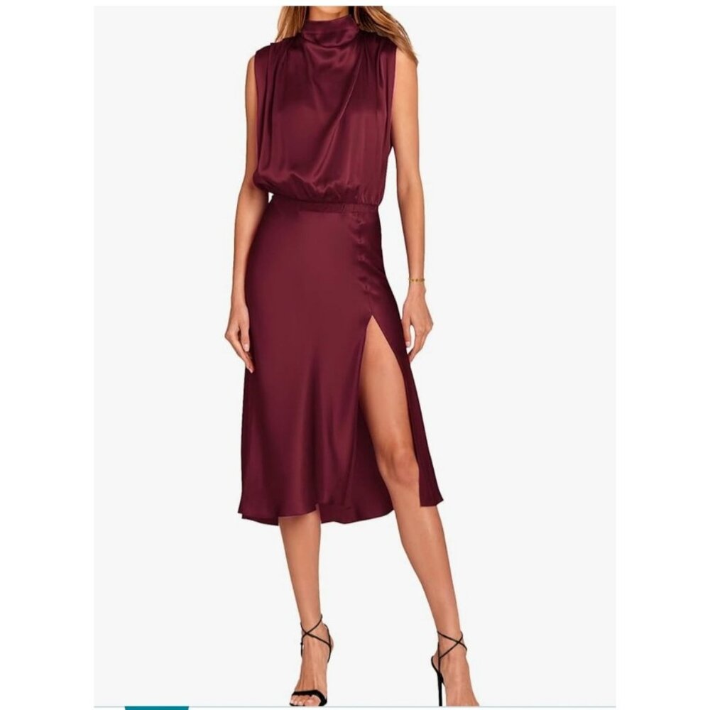 Pretty Garden Womens Med Elegant Burgundy Satin Midi Dress Tie Back Neck Formal